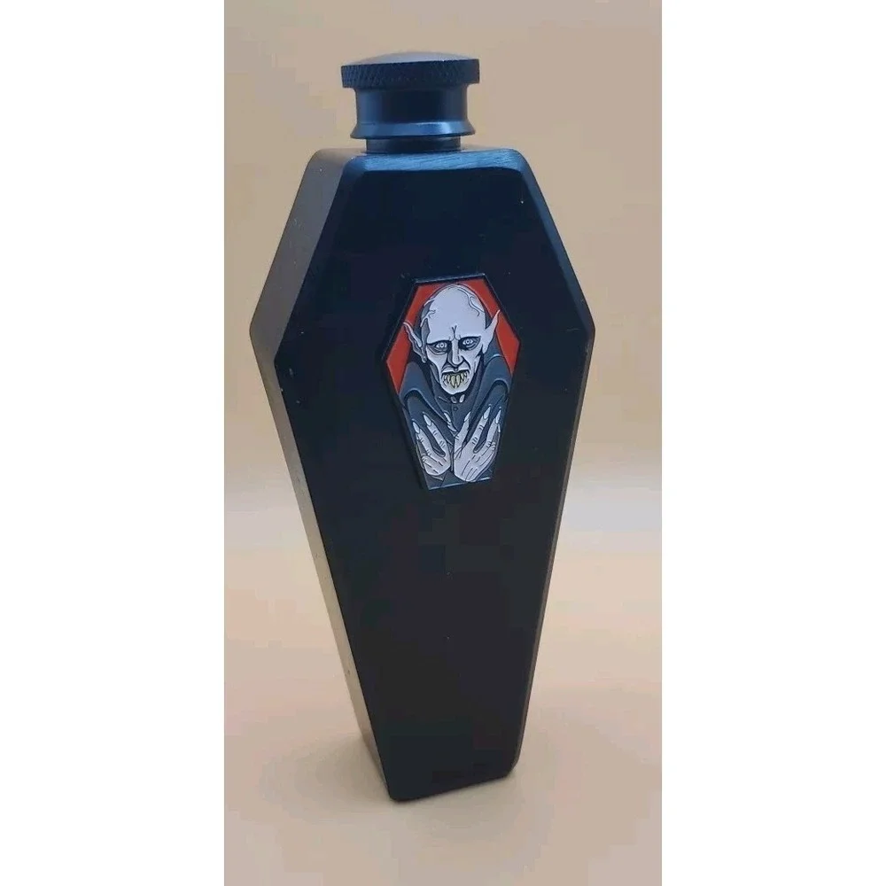 Gothic Hip Pocket Flask Metal Black With Dracula Medallion Coffin Flask